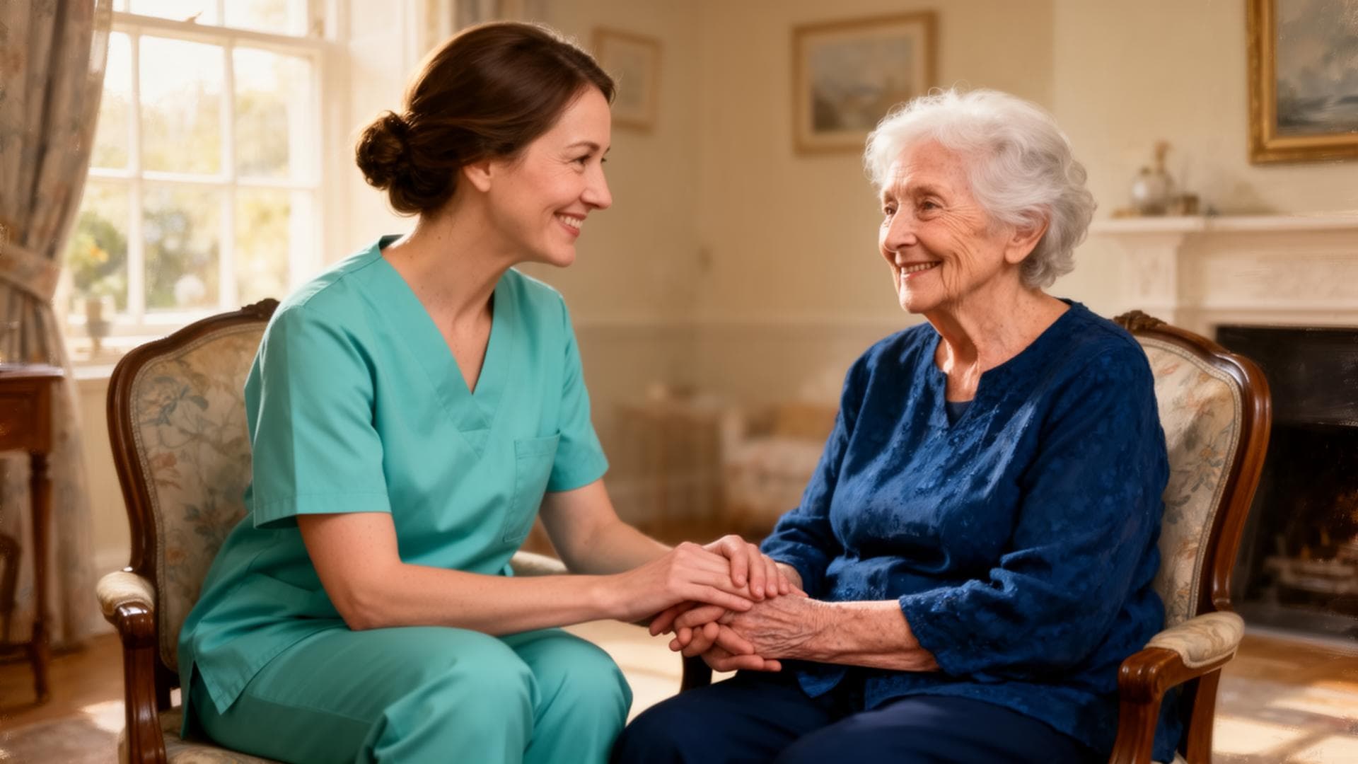 Caregiver and elderly woman holding hands in a sunlit living room